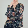 Current Air Long Sleeve Tops-Glimmer Botanical Pleated Blouse NAVYMLT