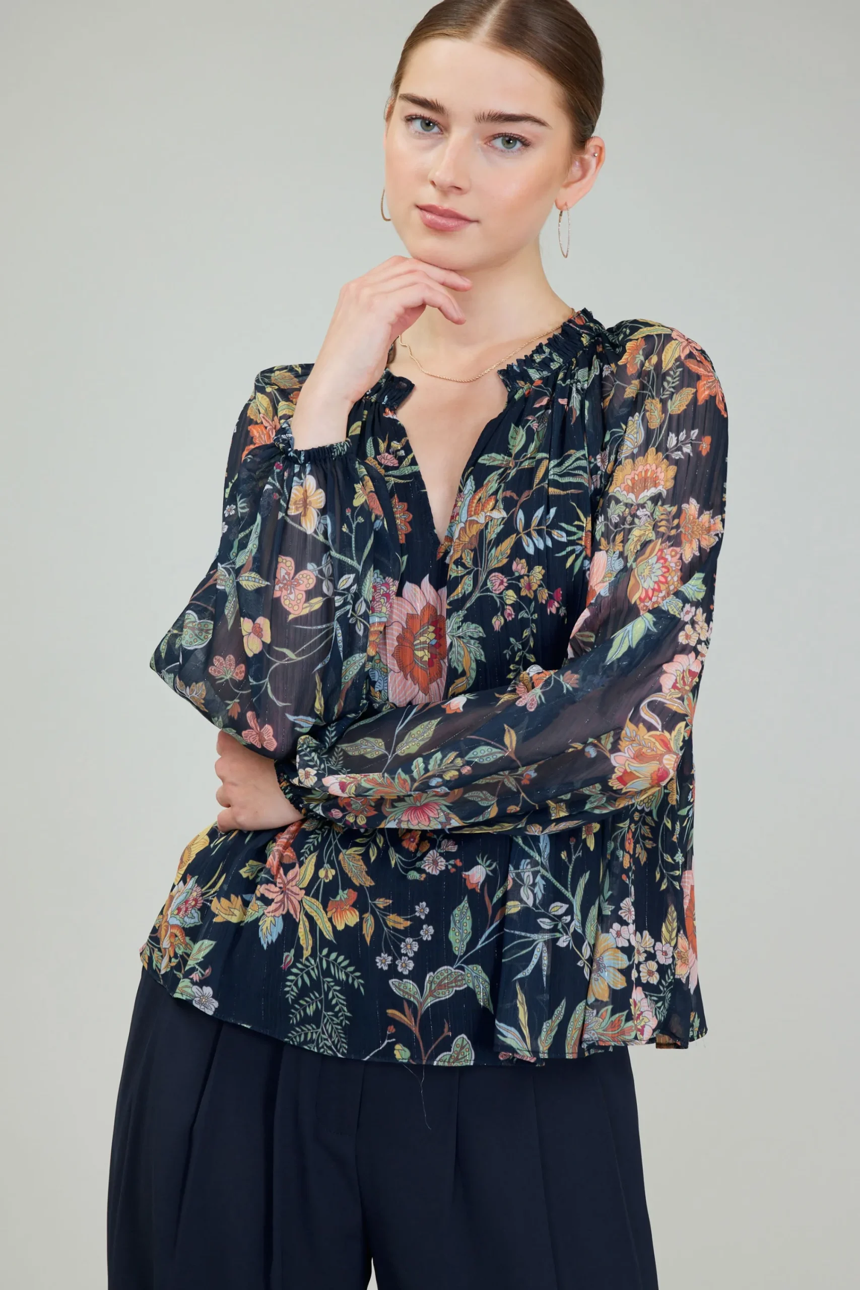 Current Air Long Sleeve Tops-Glimmer Botanical Pleated Blouse NAVYMLT