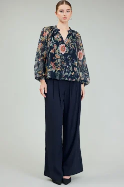 Current Air Long Sleeve Tops-Glimmer Botanical Pleated Blouse NAVYMLT