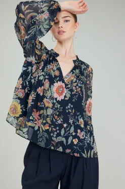 Current Air Long Sleeve Tops-Glimmer Botanical Pleated Blouse NAVYMLT