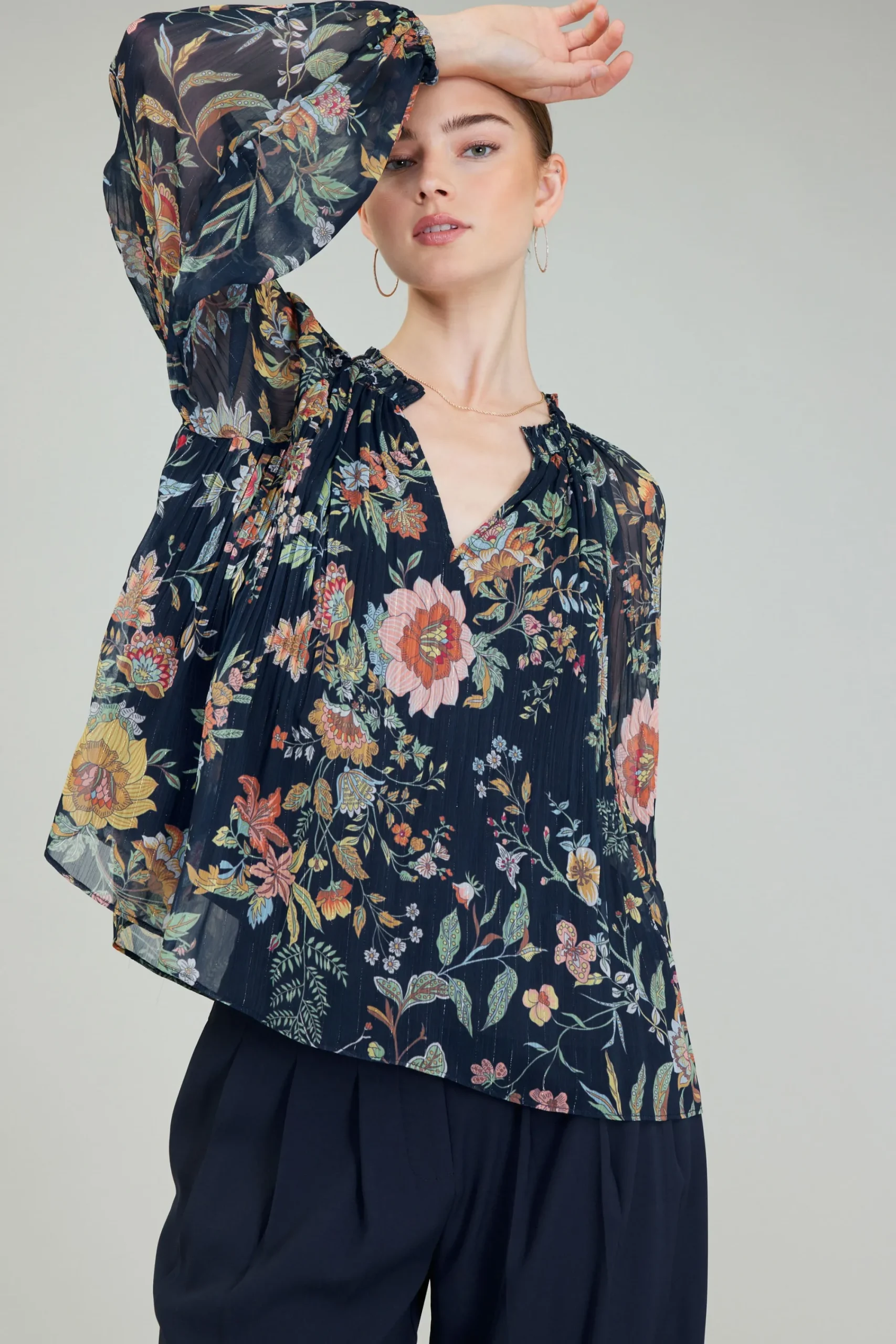 Current Air Long Sleeve Tops-Glimmer Botanical Pleated Blouse NAVYMLT