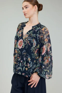Current Air Long Sleeve Tops-Glimmer Botanical Pleated Blouse NAVYMLT