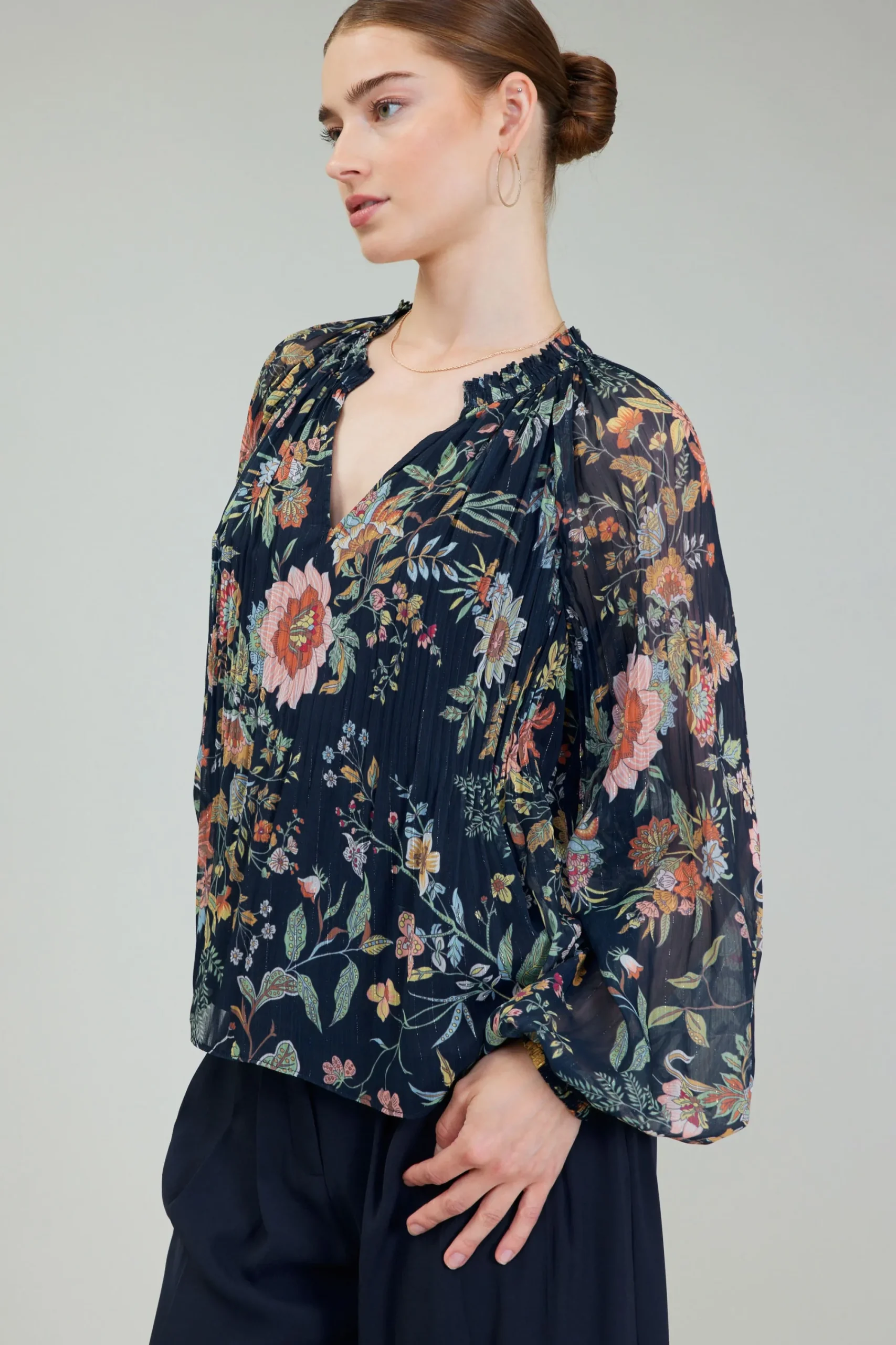Current Air Long Sleeve Tops-Glimmer Botanical Pleated Blouse NAVYMLT