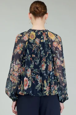 Current Air Long Sleeve Tops-Glimmer Botanical Pleated Blouse NAVYMLT