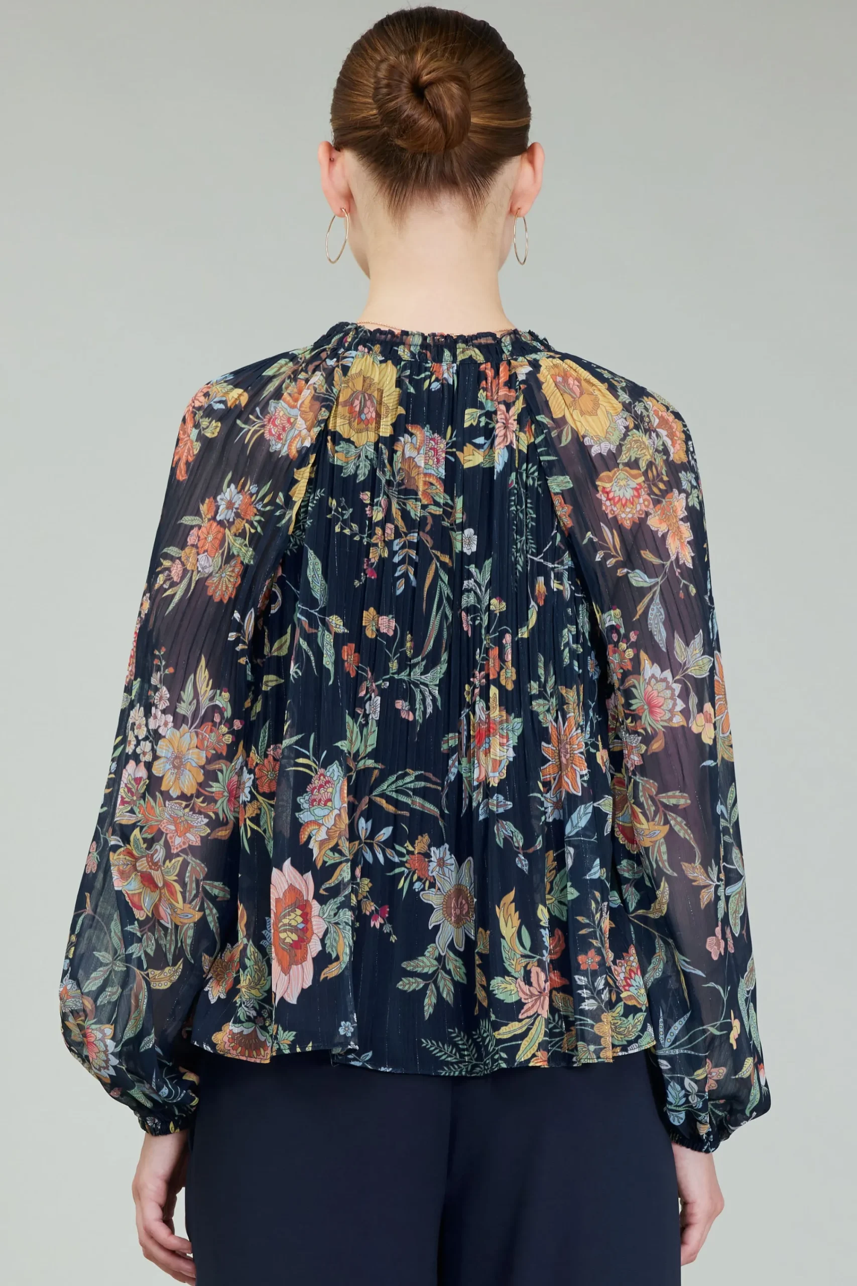 Current Air Long Sleeve Tops-Glimmer Botanical Pleated Blouse NAVYMLT