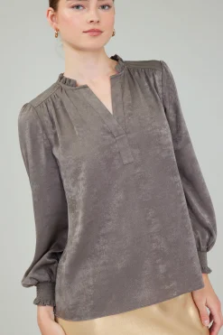Current Air Long Sleeve Tops-Glimmer Smocked Cuff Blouse DARKOLIVE