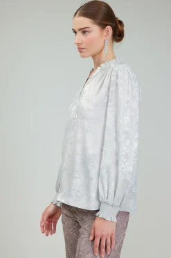 Current Air Long Sleeve Tops-Glimmer Smocked Cuff Blouse OYSTER