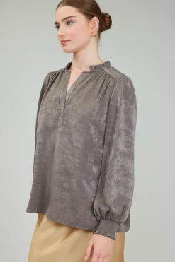 Current Air Long Sleeve Tops-Glimmer Smocked Cuff Blouse DARKOLIVE