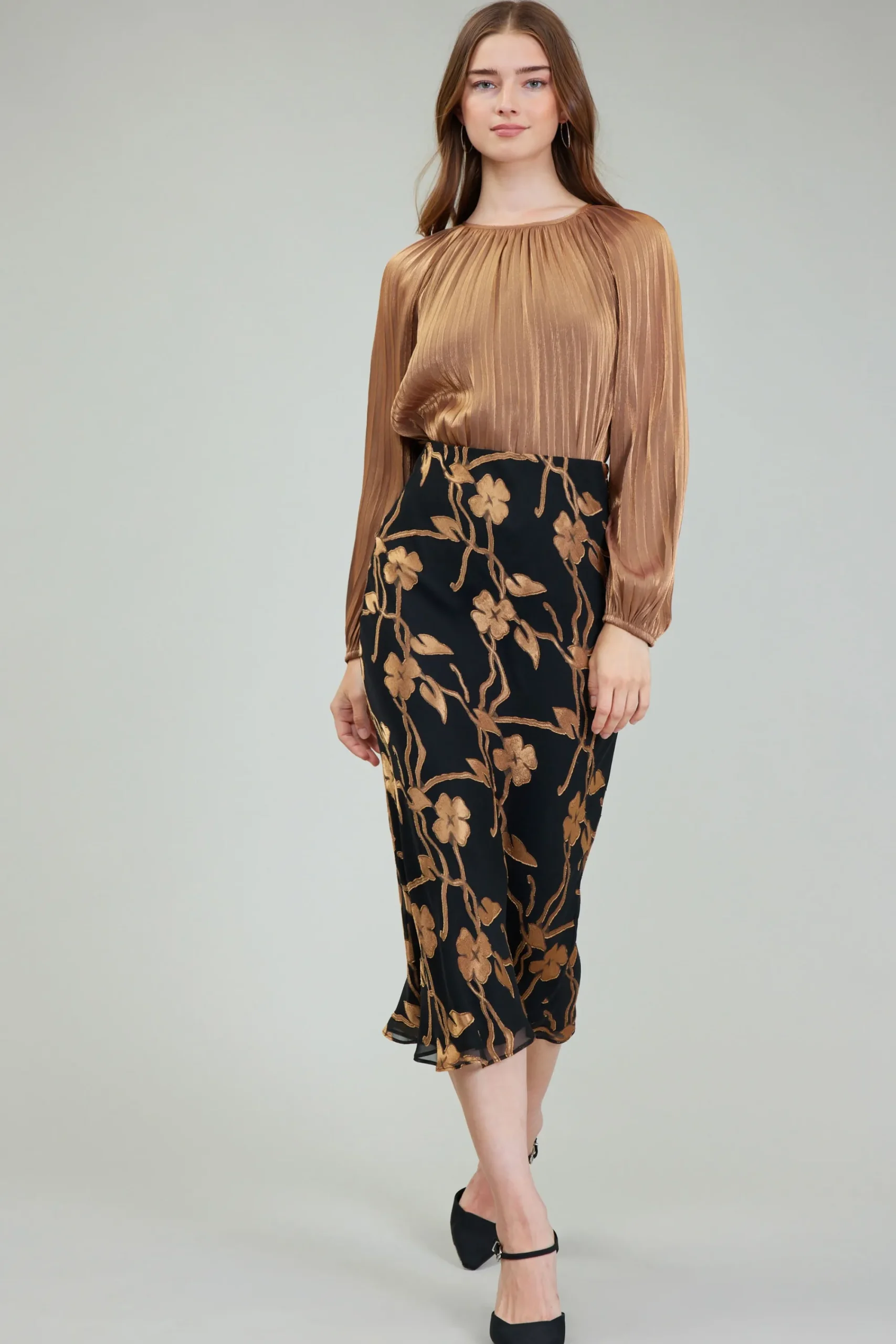 Current Air Skirts-Gold Floral Midi Skirt BLACKGOLD