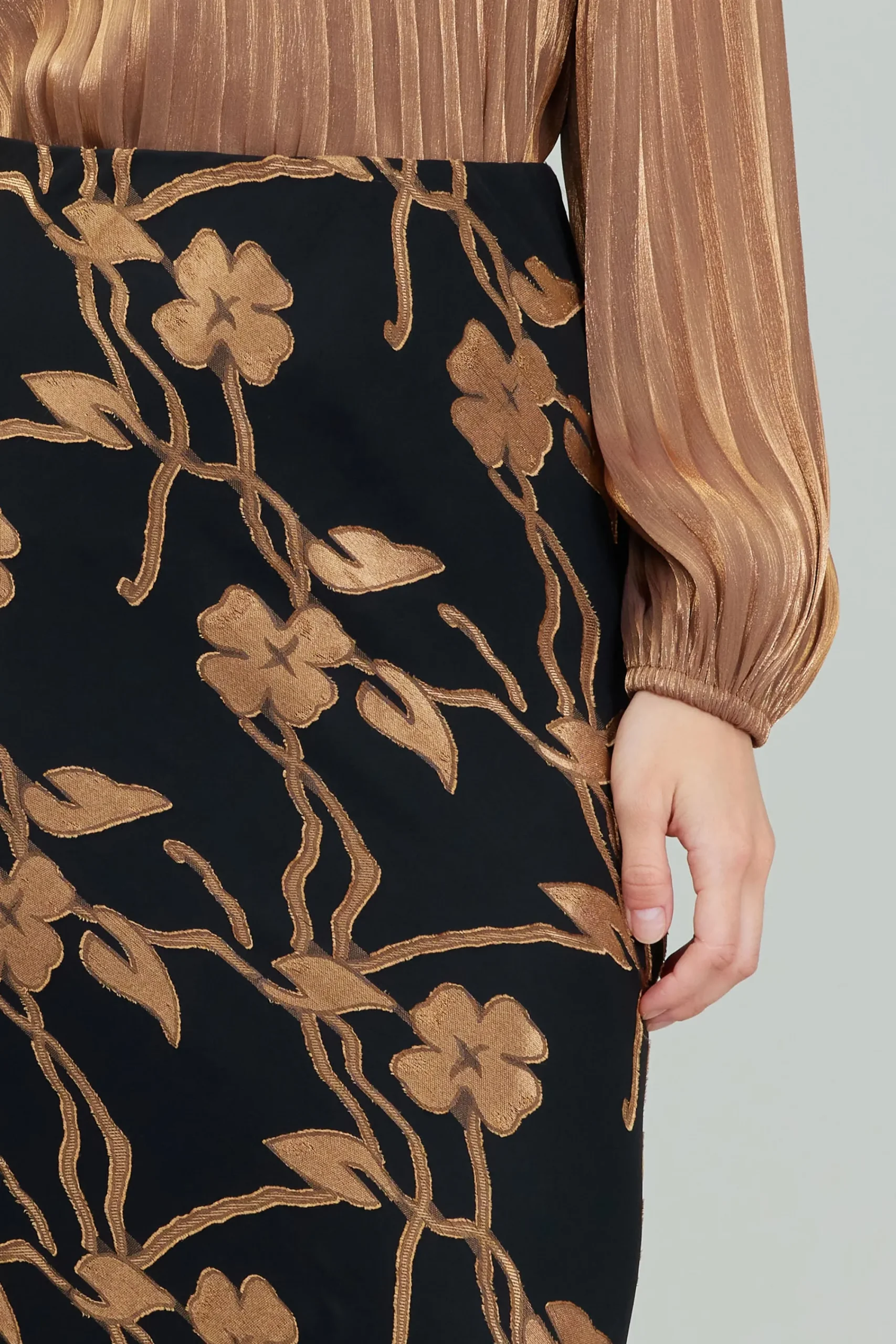 Current Air Skirts-Gold Floral Midi Skirt BLACKGOLD