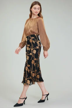 Current Air Skirts-Gold Floral Midi Skirt BLACKGOLD