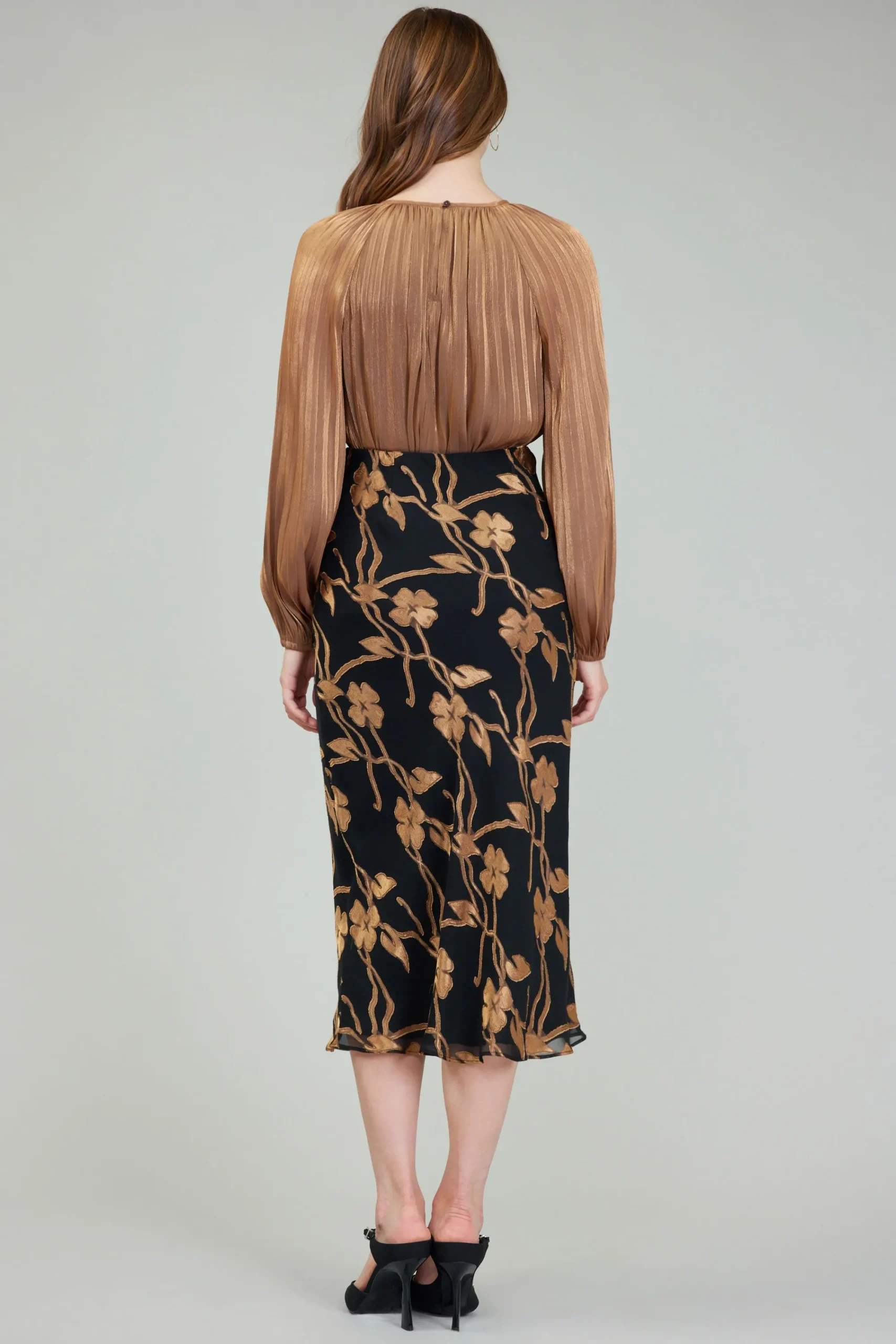 Current Air Skirts-Gold Floral Midi Skirt BLACKGOLD