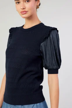 Current Air Knitwear | Short Sleeve Tops-Half Sleeve Contrast Top NAVY