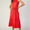 Current Air Midi Dresses-Halter Smocked Midi Dress RED