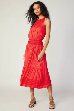 Current Air Midi Dresses-Halter Smocked Midi Dress RED