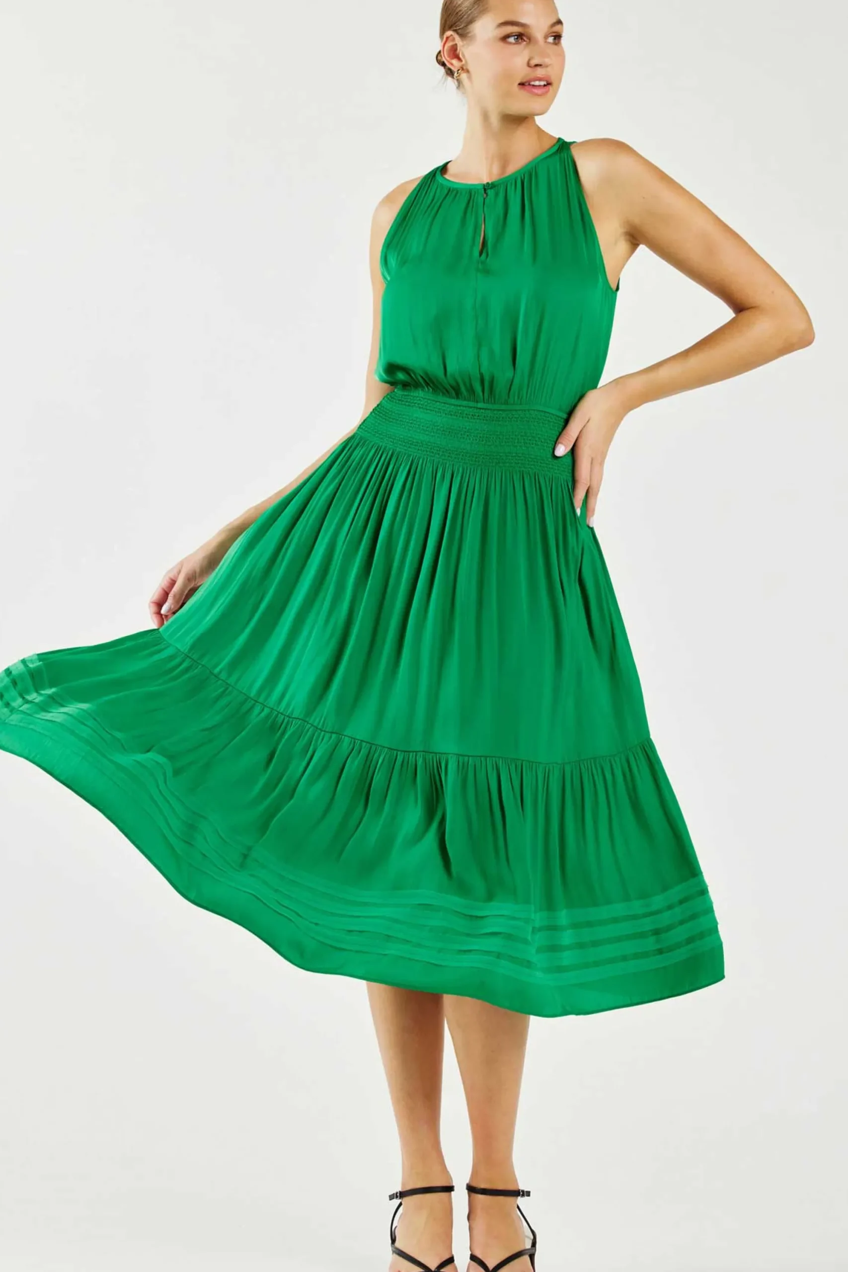 Current Air Midi Dresses-Halter Smocked Midi Dress DEEPSPRINGGREEN