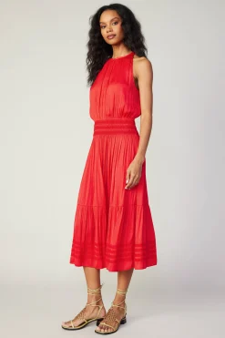 Current Air Midi Dresses-Halter Smocked Midi Dress RED