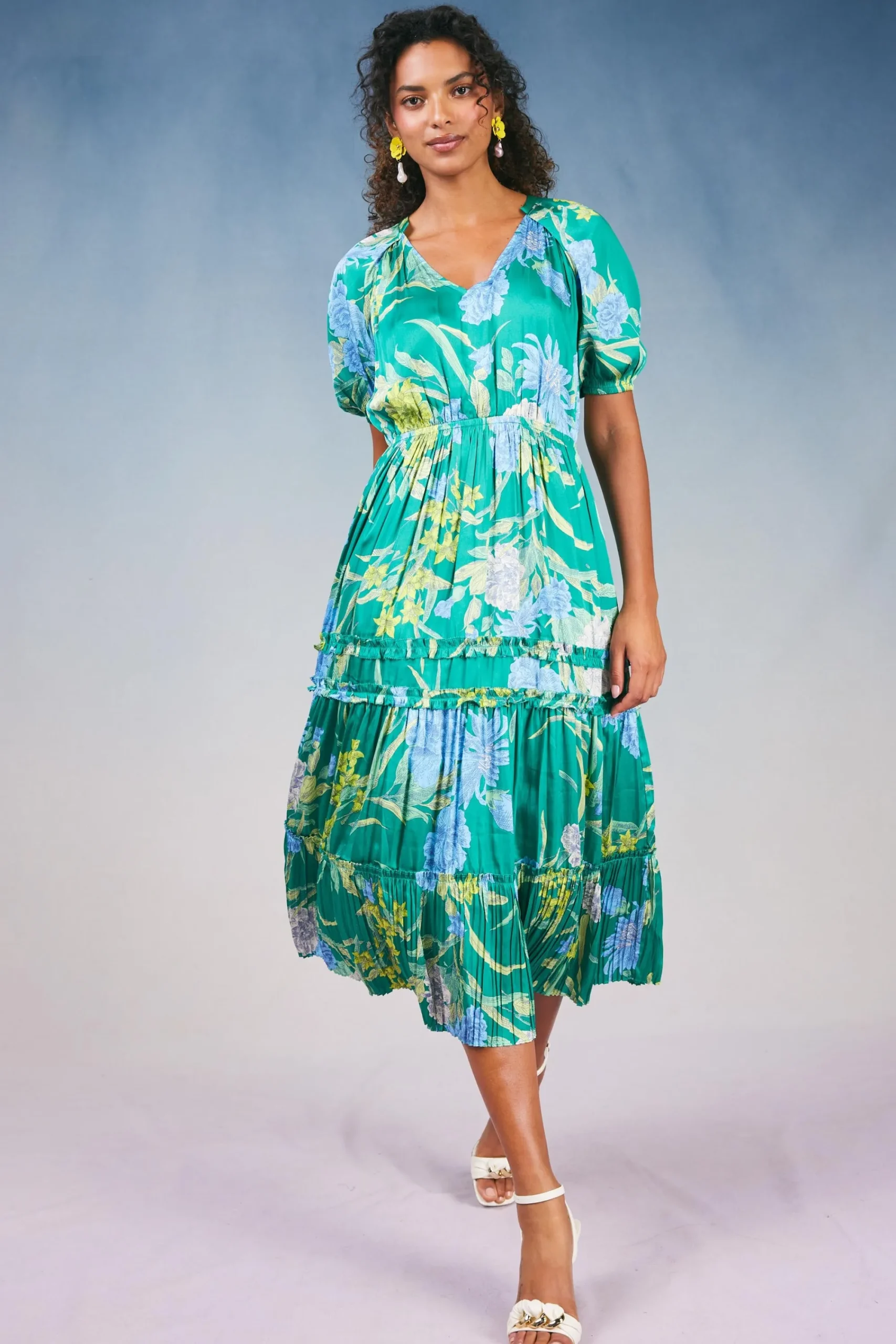 Current Air Midi Dresses-Hana Botanical Midi Dress GREENFLORAL