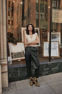 Current Air Pants-High Rise Leather Trousers DARKGREEN