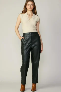 Current Air Pants-High Rise Leather Trousers DARKGREEN