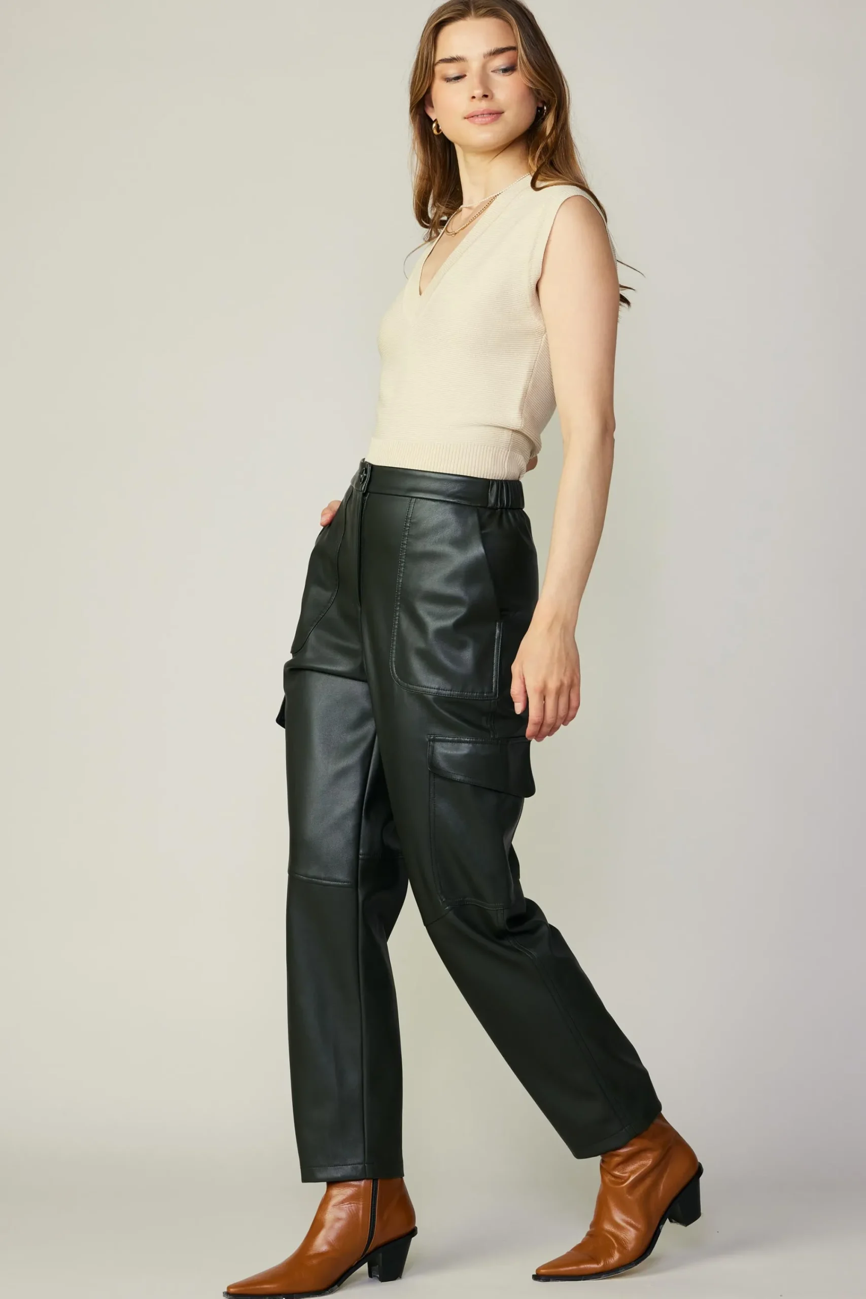 Current Air Pants-High Rise Leather Trousers DARKGREEN