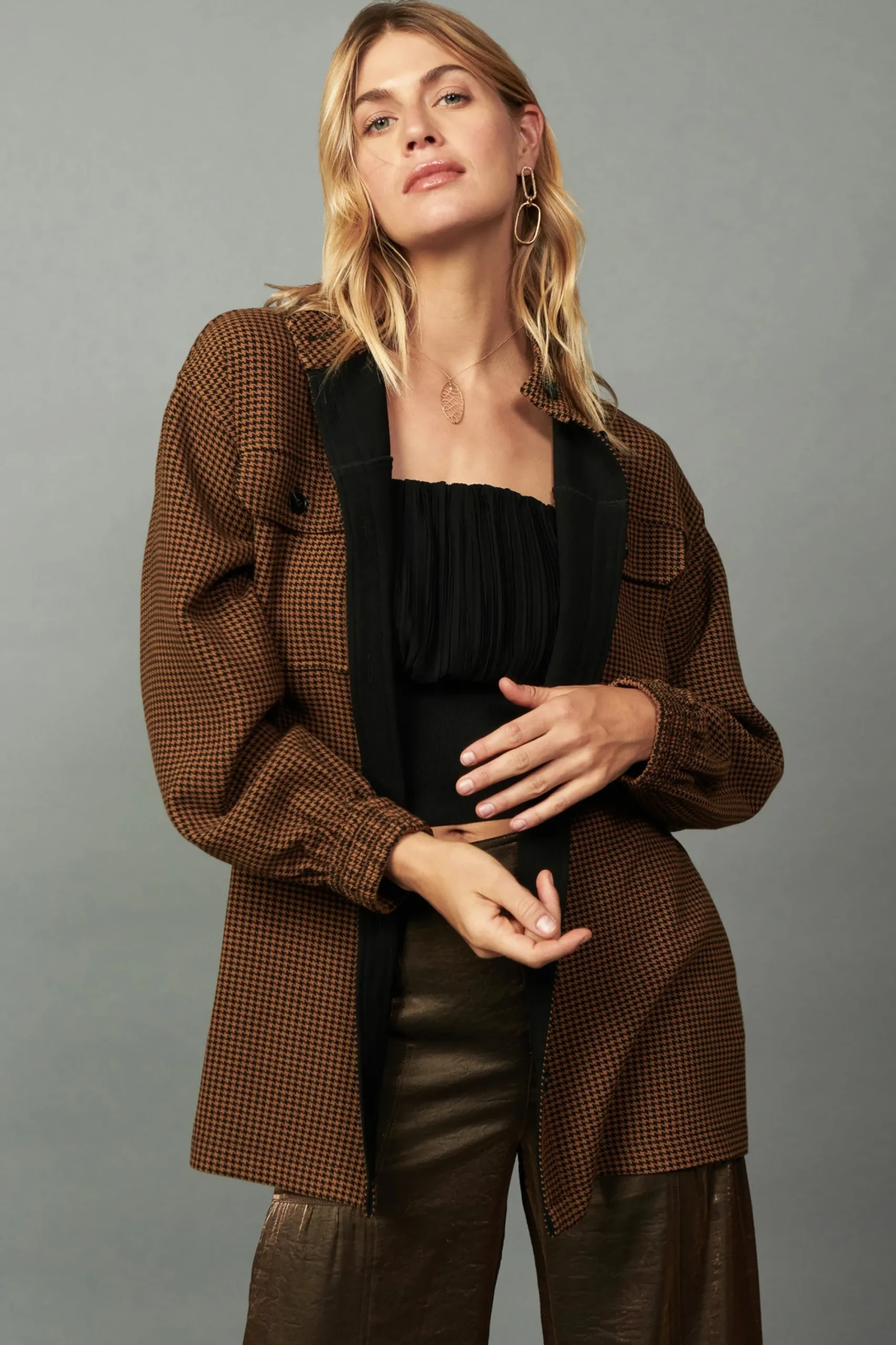 Current Air Coats & Jackets-Houndstooth Oversized Jacket TOFFEE
