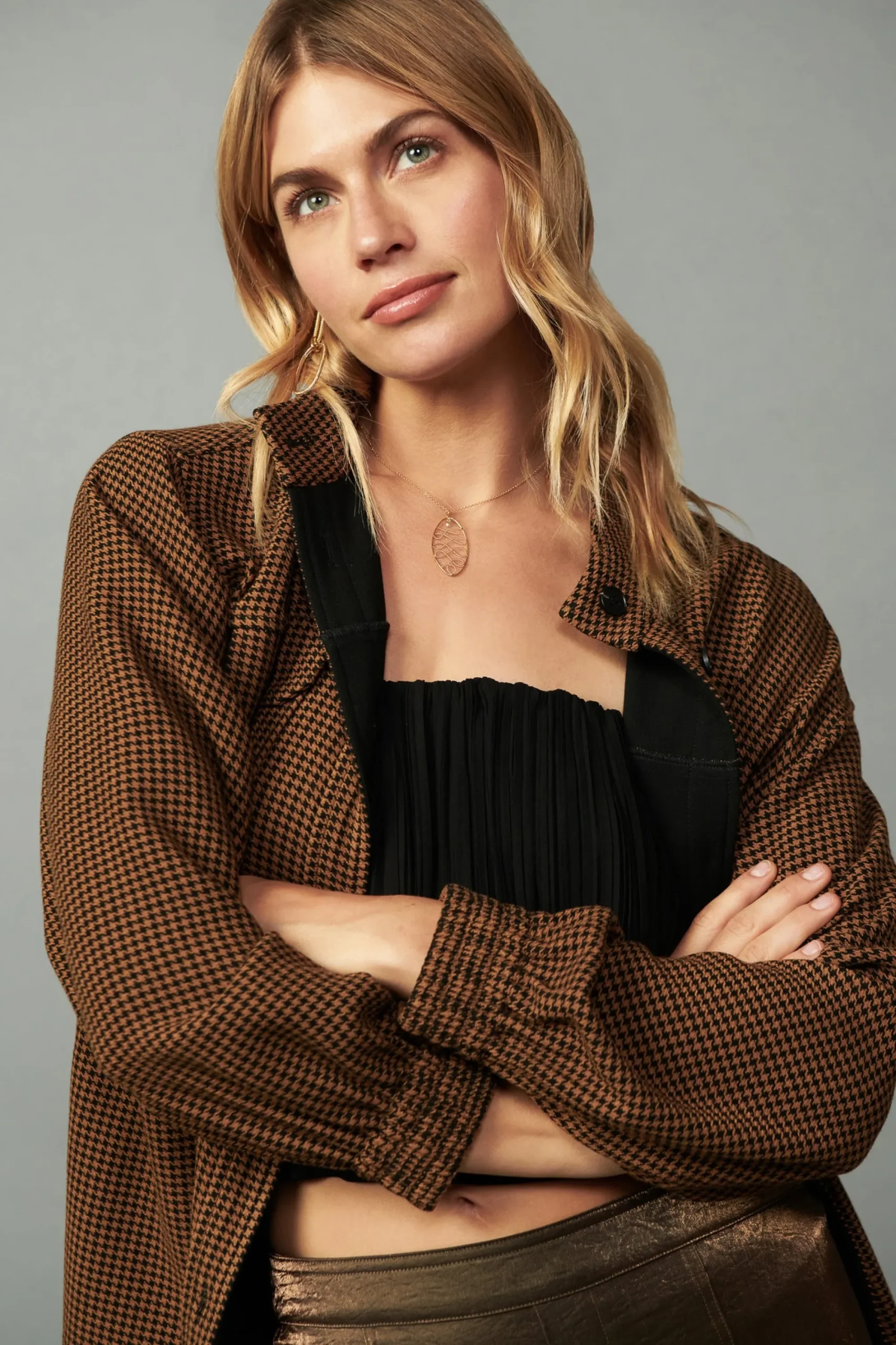 Current Air Coats & Jackets-Houndstooth Oversized Jacket TOFFEE