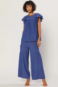 Current Air Short Sleeve Tops-Indigo Ruffled Sleeve Top DENIMBLUE