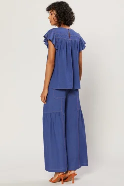 Current Air Short Sleeve Tops-Indigo Ruffled Sleeve Top DENIMBLUE