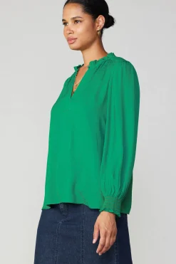 Current Air Long Sleeve Tops-Jacquard Ruffled Neck Blouse GREEN