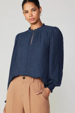 Current Air Long Sleeve Tops-Jacquard Ruffled Neck Blouse NAVY