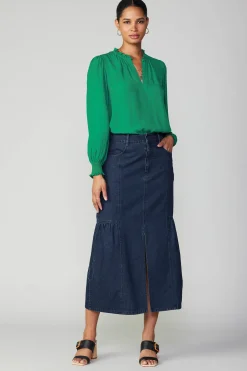 Current Air Long Sleeve Tops-Jacquard Ruffled Neck Blouse GREEN