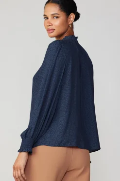 Current Air Long Sleeve Tops-Jacquard Ruffled Neck Blouse NAVY