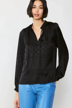 Current Air Long Sleeve Tops-Jacquard Split Neck Blouse BLACK