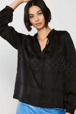 Current Air Long Sleeve Tops-Jacquard Split Neck Blouse BLACK