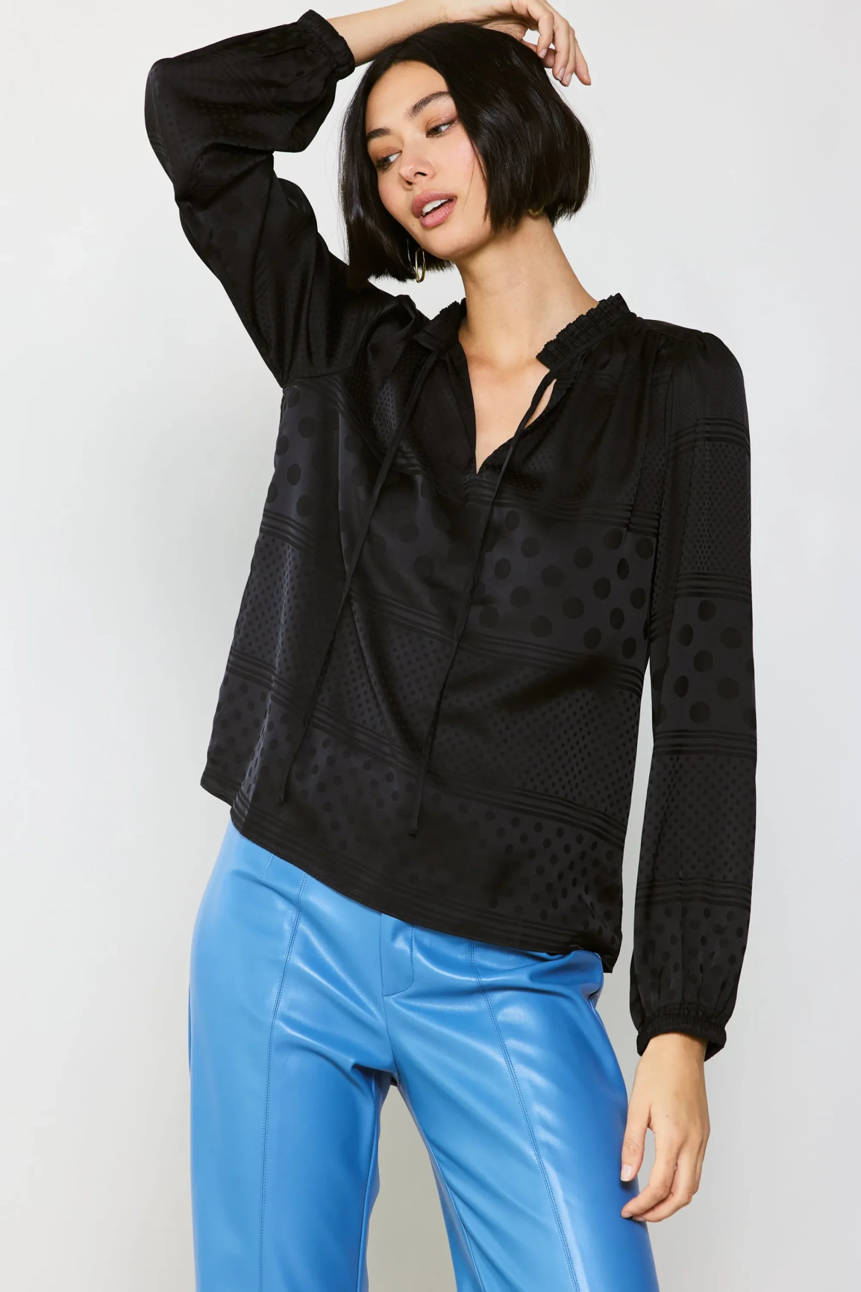 Current Air Long Sleeve Tops-Jacquard Split Neck Blouse BLACK