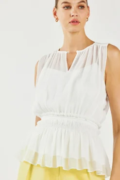 Current Air Sleeveless Tops-Keyhole Organza Top WHITE