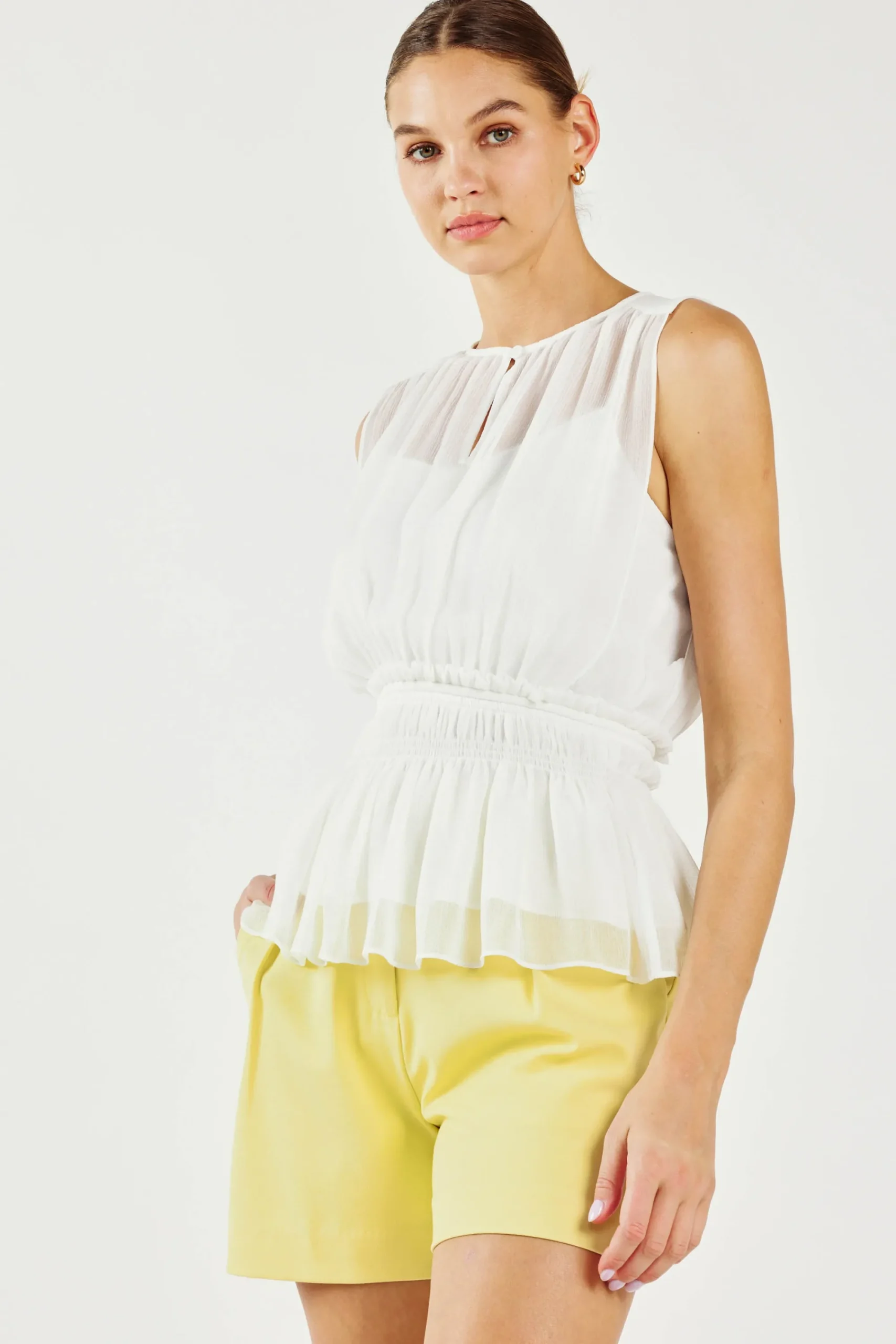 Current Air Sleeveless Tops-Keyhole Organza Top WHITE