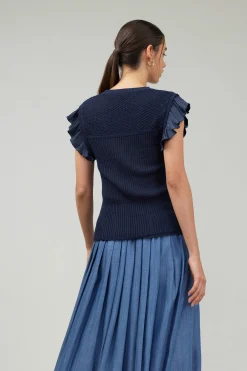 Current Air Knitwear-Knit Crewneck Ruffled Tank NAVY