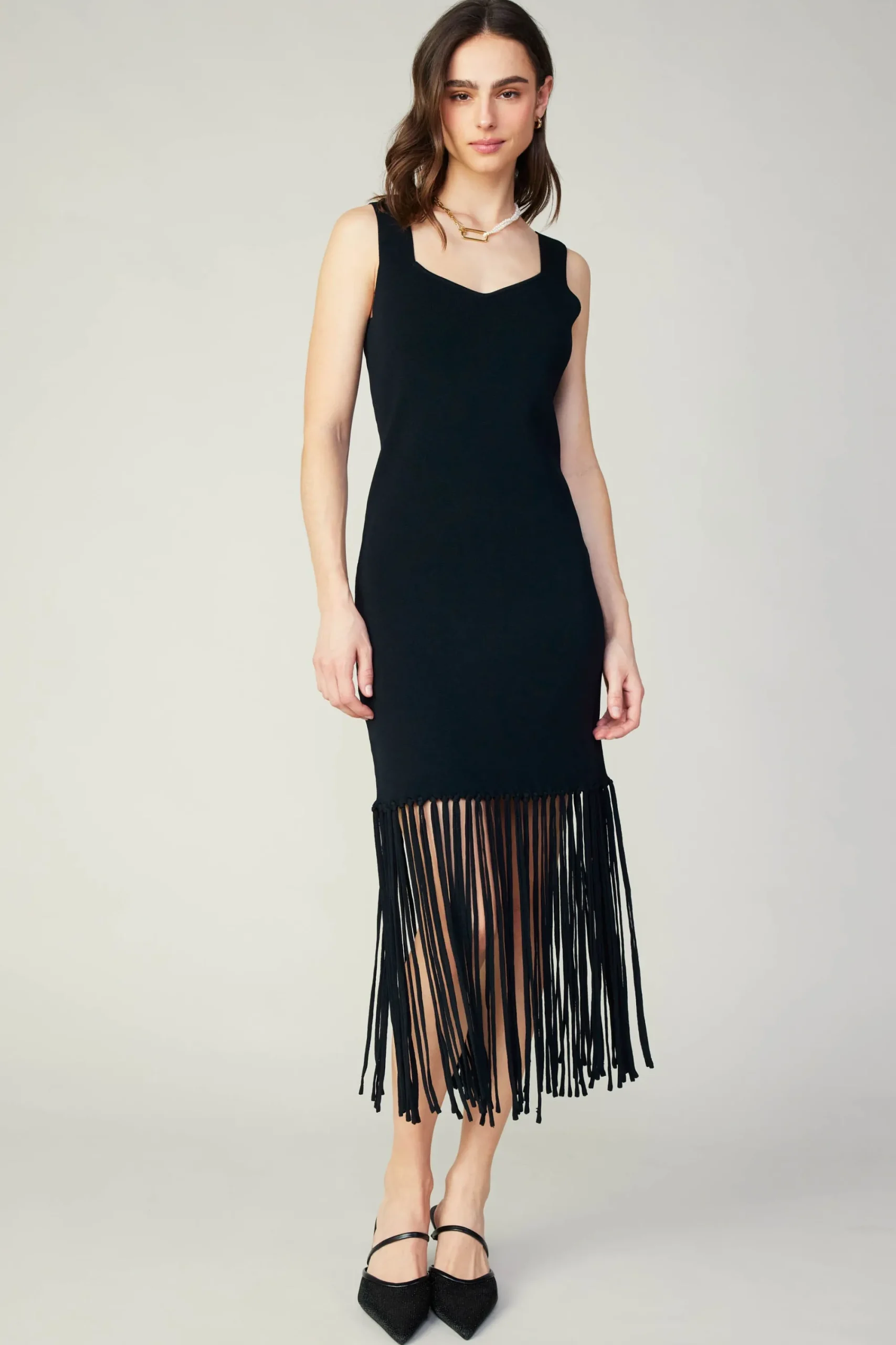 Current Air Knitwear | Midi Dresses-Knit Fringe Hem Dress BLACK