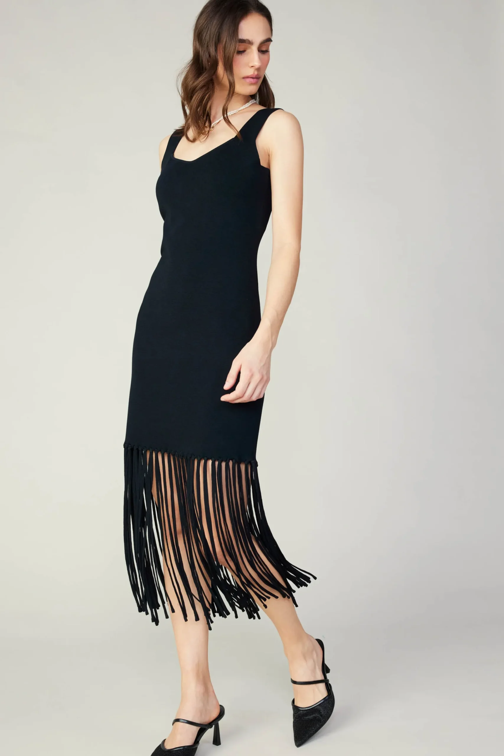 Current Air Knitwear | Midi Dresses-Knit Fringe Hem Dress BLACK