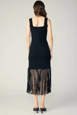 Current Air Knitwear | Midi Dresses-Knit Fringe Hem Dress BLACK