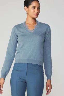 Current Air Long Sleeve Tops | Sweaters-Lace Collar Sweater Top DUSTYBLUE