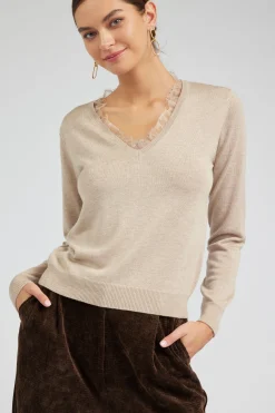 Current Air Knitwear | Sweaters-Lace Detail Sweater Top OATMEAL
