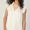 Current Air Short Sleeve Tops-Lace Flutter Sleeve Blouse CREAM