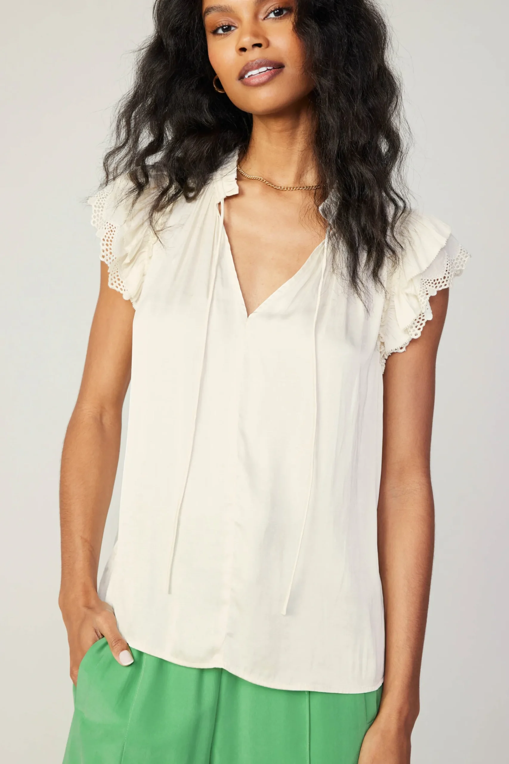 Current Air Short Sleeve Tops-Lace Flutter Sleeve Blouse CREAM