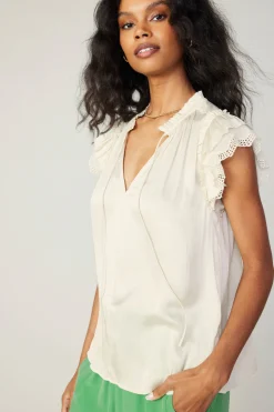 Current Air Short Sleeve Tops-Lace Flutter Sleeve Blouse CREAM