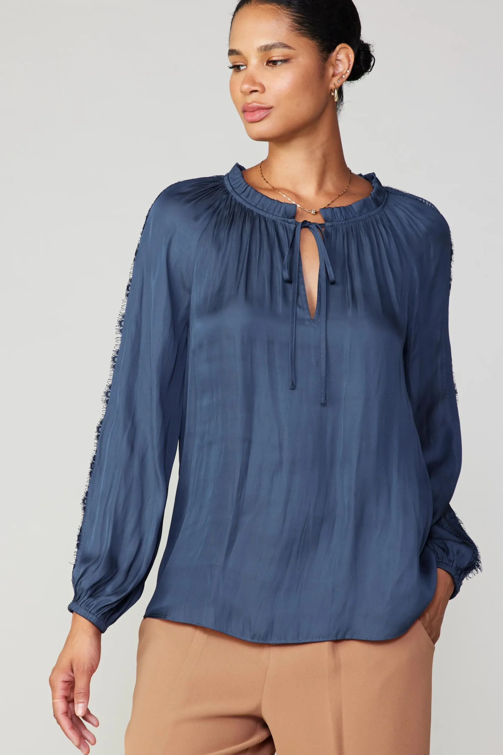 Current Air Long Sleeve Tops-Lace Panel Blouse NAVY