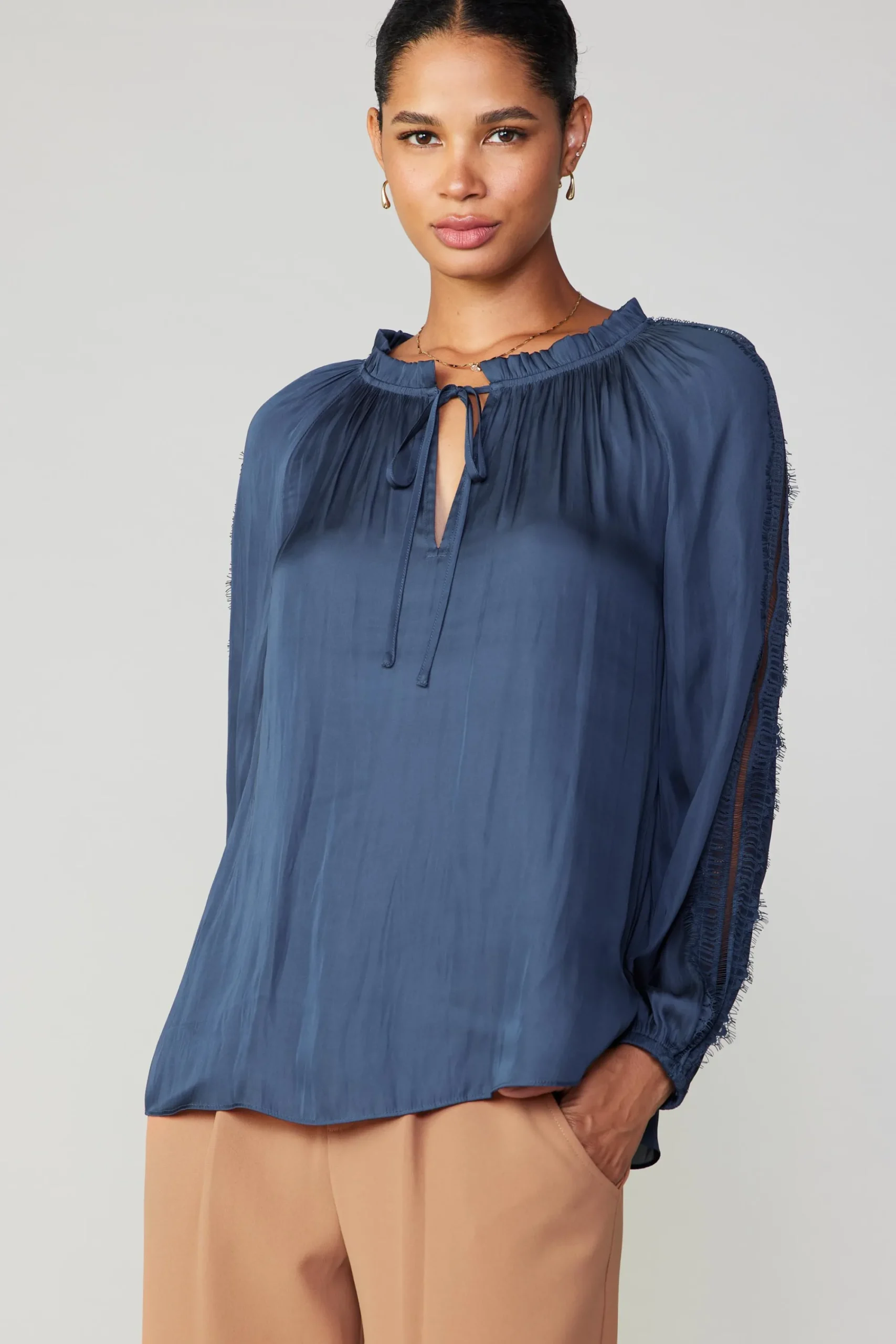 Current Air Long Sleeve Tops-Lace Panel Blouse NAVY