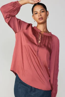 Current Air Long Sleeve Tops-Lace Panel Blouse ROUGE